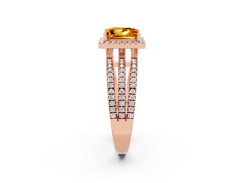 Rose gold {shape_name} Citrine Halo Engagement Ring with Split Shank and Four-Prong Setting_2
