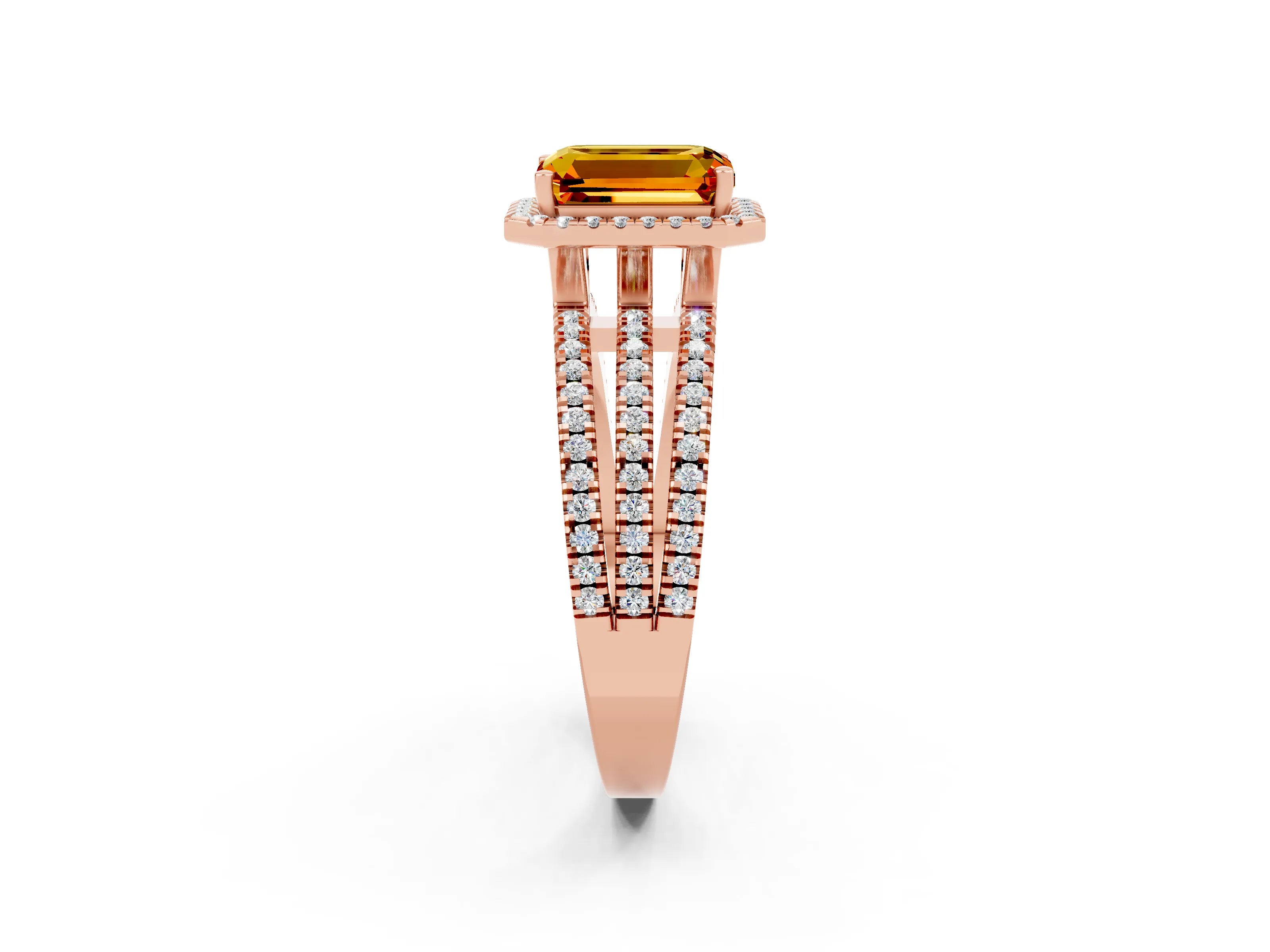 Rose gold {shape_name} Citrine Halo Engagement Ring with Split Shank and Four-Prong Setting_2