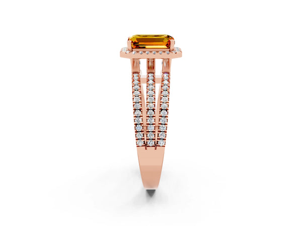 Rose gold Emerald Cut Citrine Halo Engagement Ring with Split Shank and Four-Prong Setting