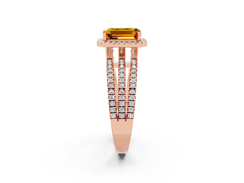 Rose gold {shape_name} Citrine Halo Engagement Ring with Split Shank and Four-Prong Setting_2