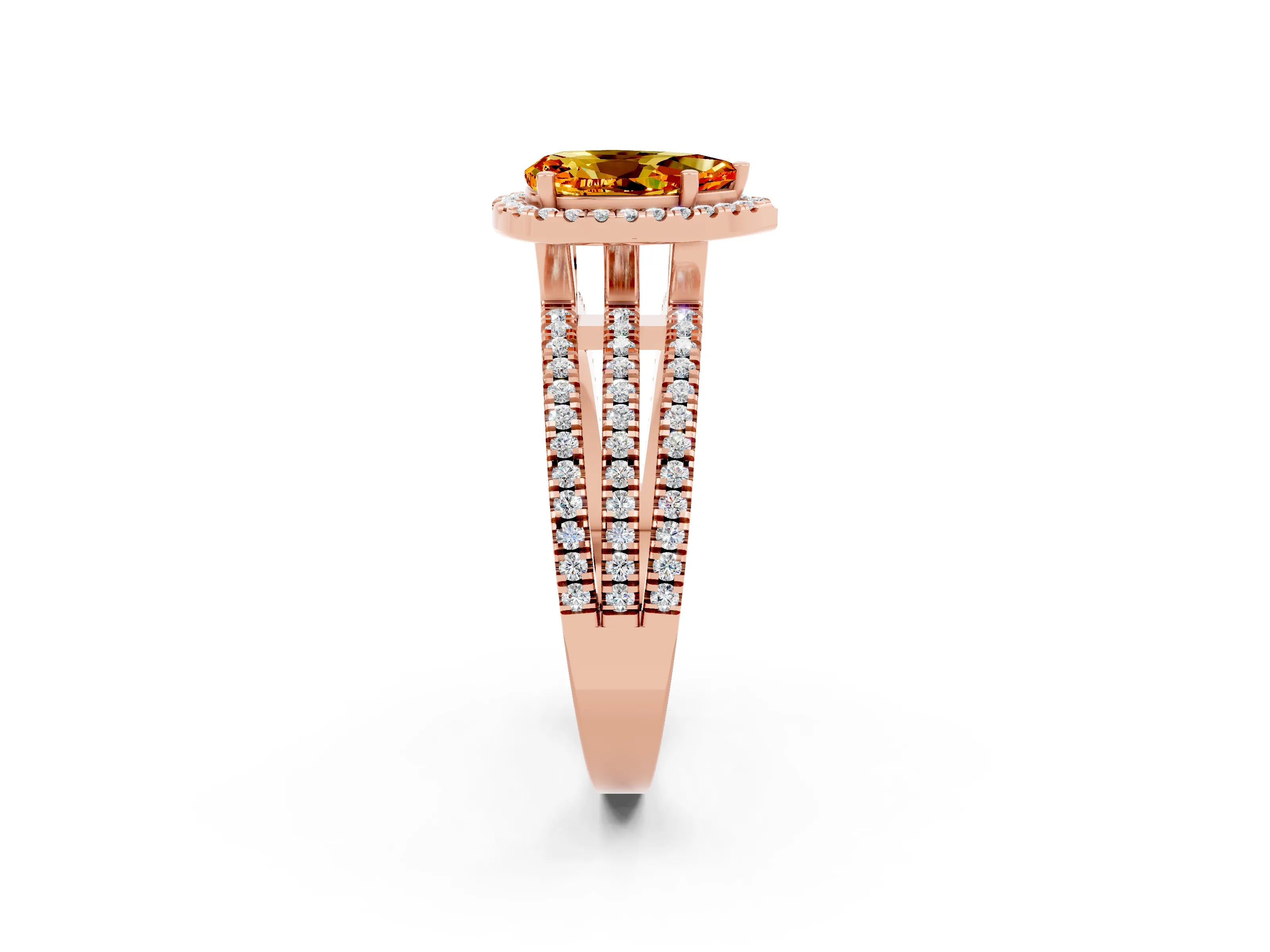 Rose gold {shape_name} Citrine Halo Engagement Ring with Split Shank and Four-Prong Setting_2