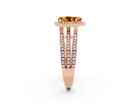 Rose gold {shape_name} Citrine Halo Engagement Ring with Split Shank and Four-Prong Setting_2