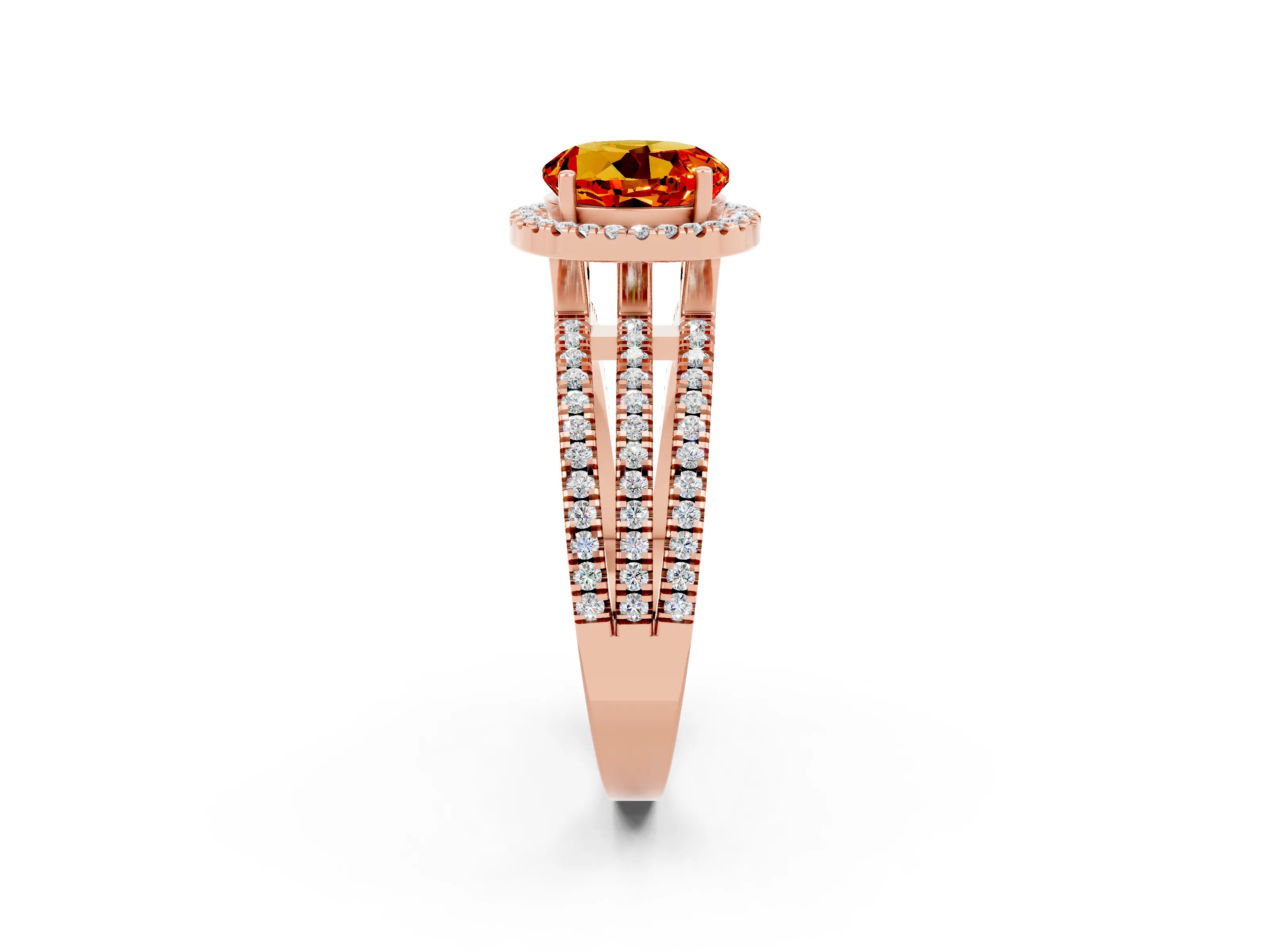 Rose gold {shape_name} Citrine Halo Engagement Ring with Split Shank and Four-Prong Setting_2