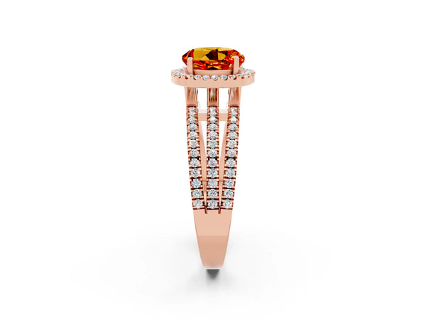 Rose gold Round Cut Citrine Halo Engagement Ring with Split Shank and Four-Prong Setting