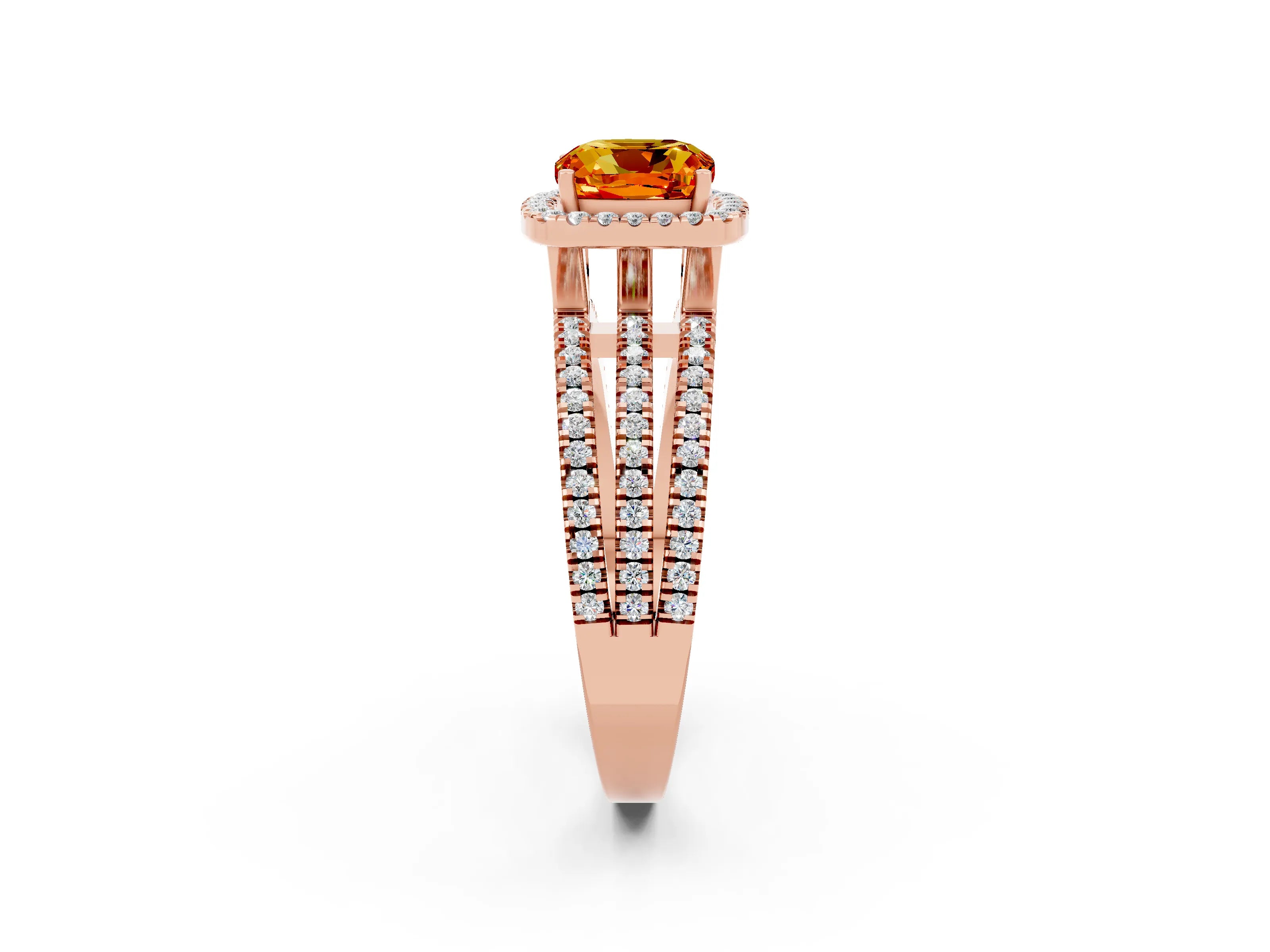 Rose gold {shape_name} Citrine Halo Engagement Ring with Split Shank and Four-Prong Setting_2