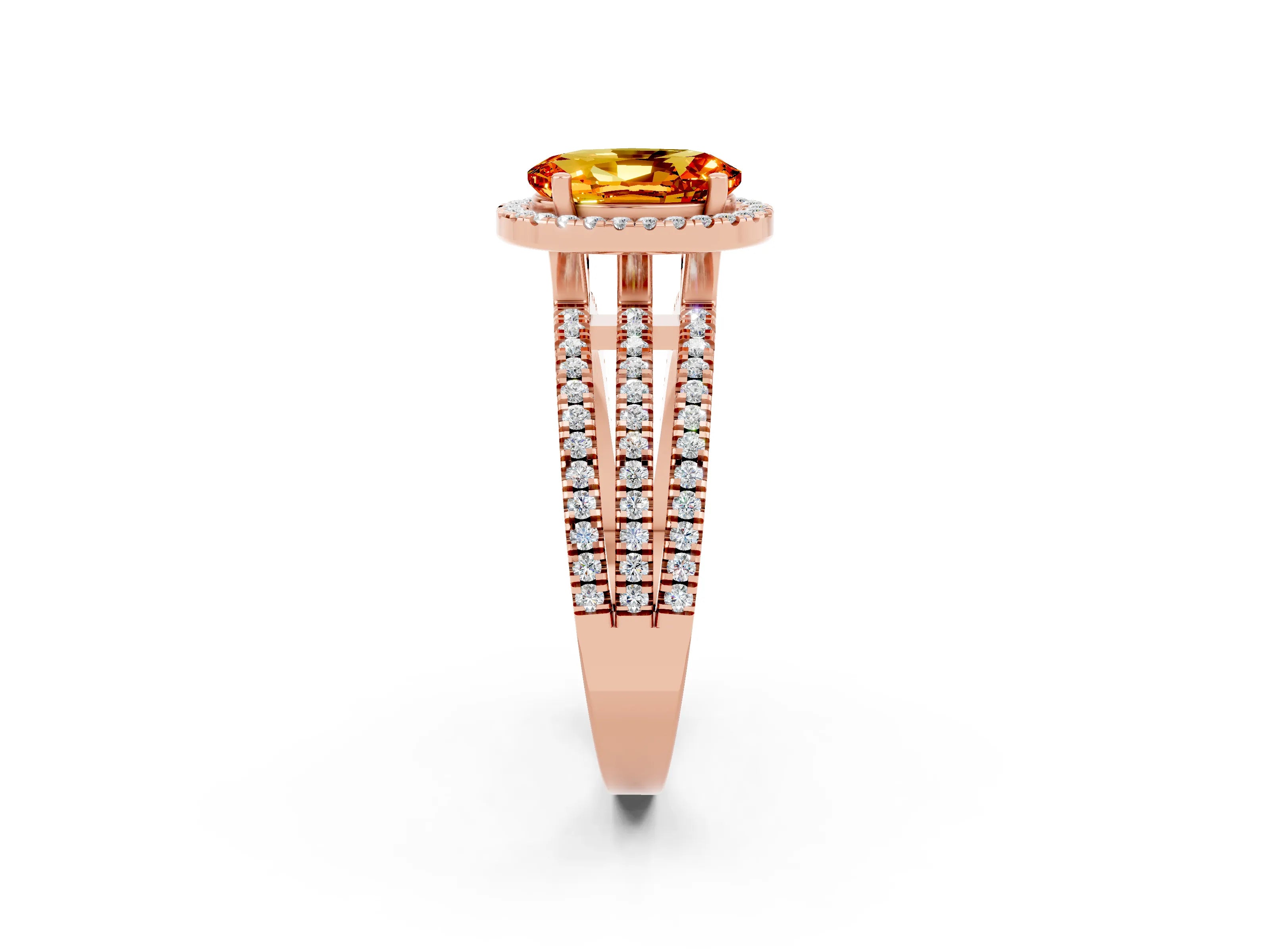 Rose gold {shape_name} Citrine Halo Engagement Ring with Split Shank and Four-Prong Setting_2