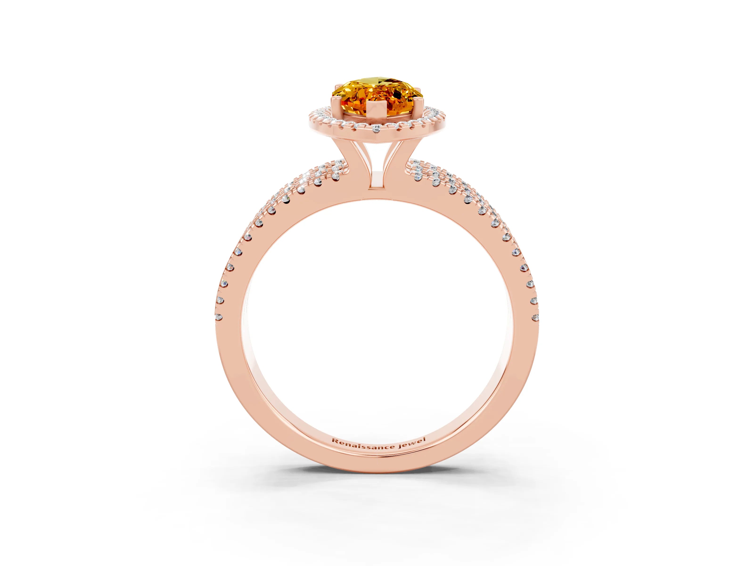 Rose gold {shape_name} Citrine Halo Engagement Ring with Split Shank and Four-Prong Setting_3