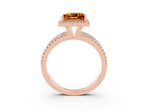 Rose gold {shape_name} Citrine Halo Engagement Ring with Split Shank and Four-Prong Setting_3