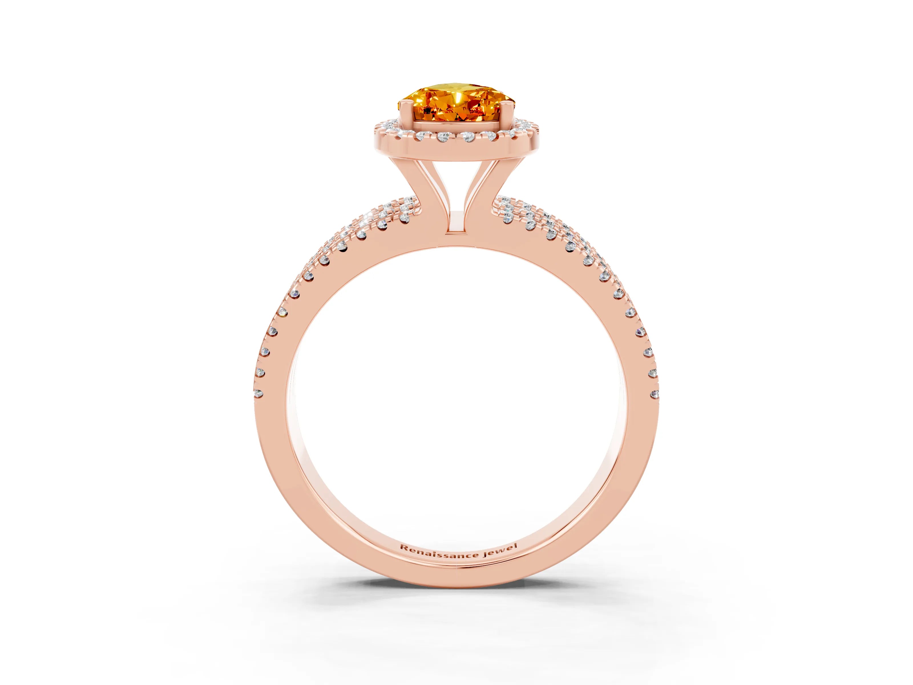 Rose gold {shape_name} Citrine Halo Engagement Ring with Split Shank and Four-Prong Setting_3