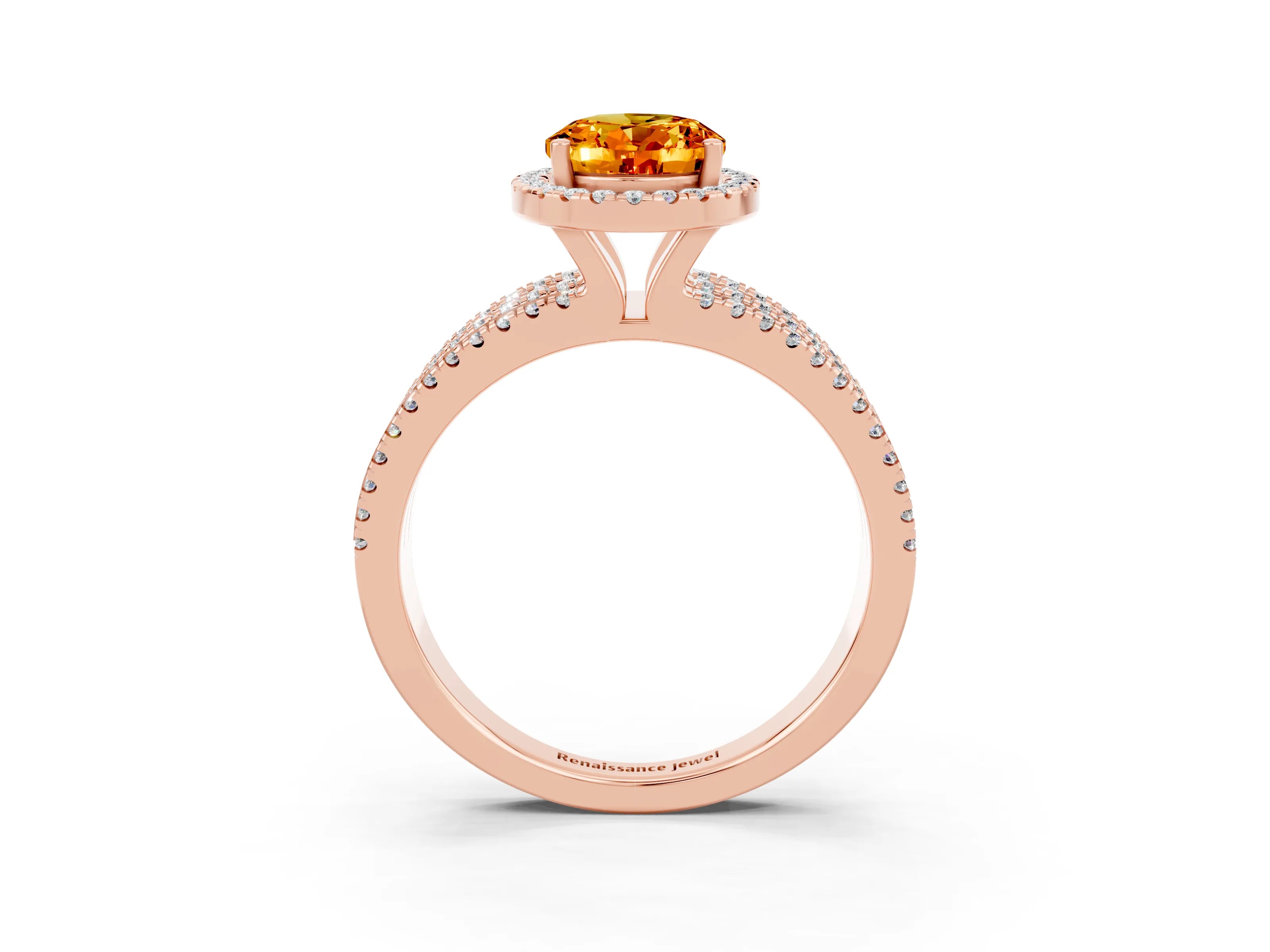 Rose gold {shape_name} Citrine Halo Engagement Ring with Split Shank and Four-Prong Setting_3