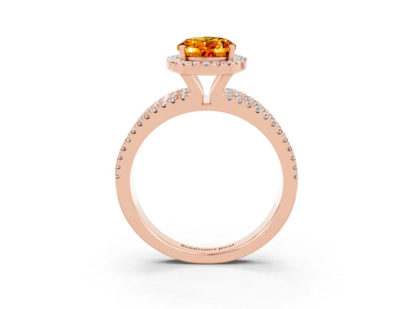 Rose gold Oval Cut Citrine Halo Engagement Ring with Split Shank and Four-Prong Setting