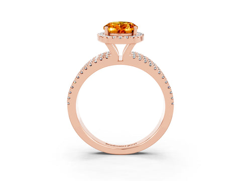 Rose gold {shape_name} Citrine Halo Engagement Ring with Split Shank and Four-Prong Setting_3