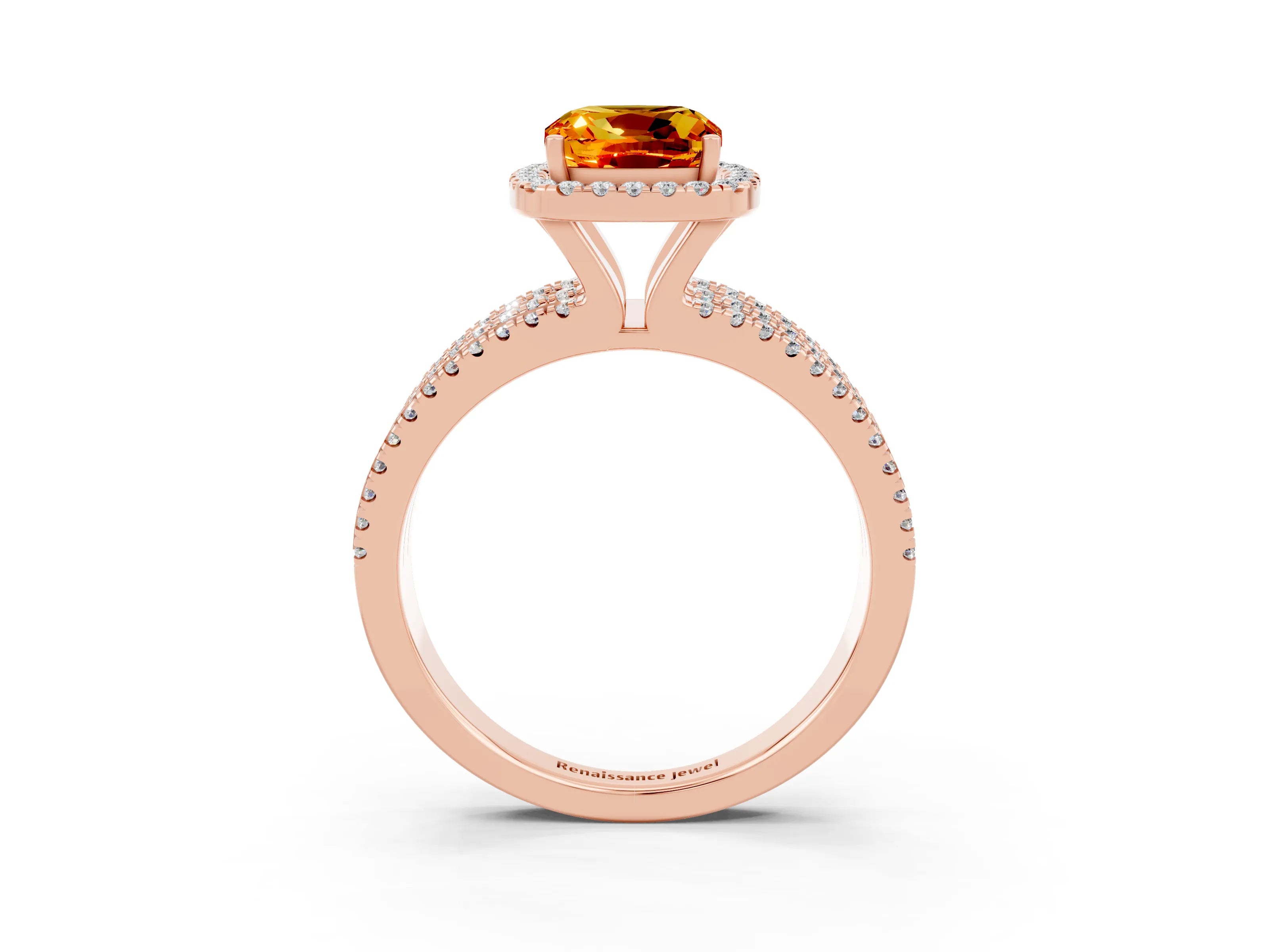 Rose gold {shape_name} Citrine Halo Engagement Ring with Split Shank and Four-Prong Setting_3