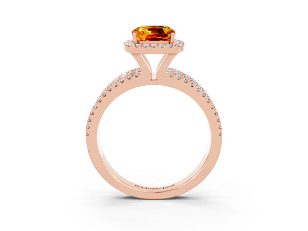 Rose gold Cushion Cut Citrine Halo Engagement Ring with Split Shank and Four-Prong Setting