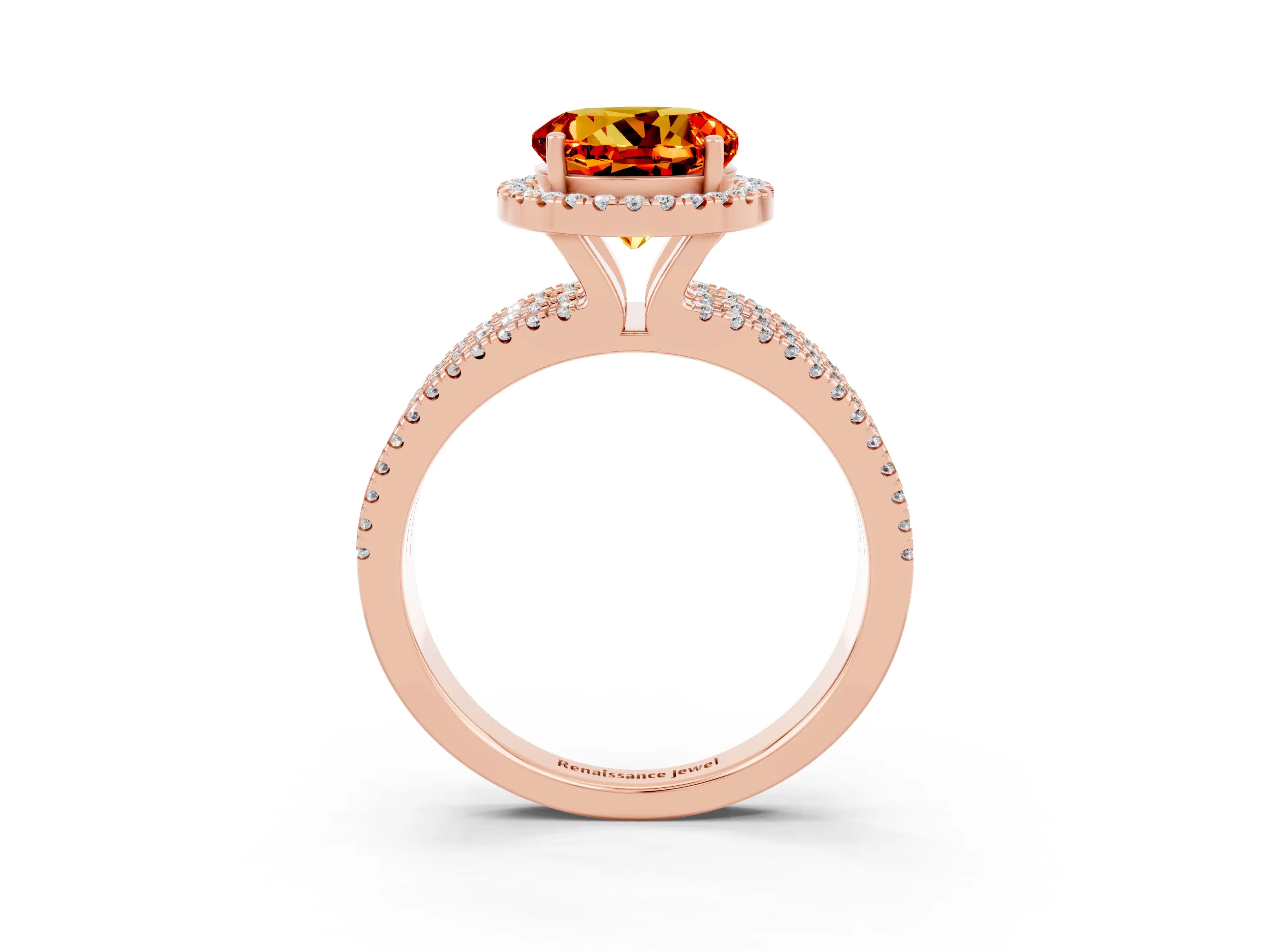 Rose gold {shape_name} Citrine Halo Engagement Ring with Split Shank and Four-Prong Setting_3