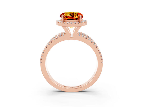 Rose gold Round Cut Citrine Halo Engagement Ring with Split Shank and Four-Prong Setting