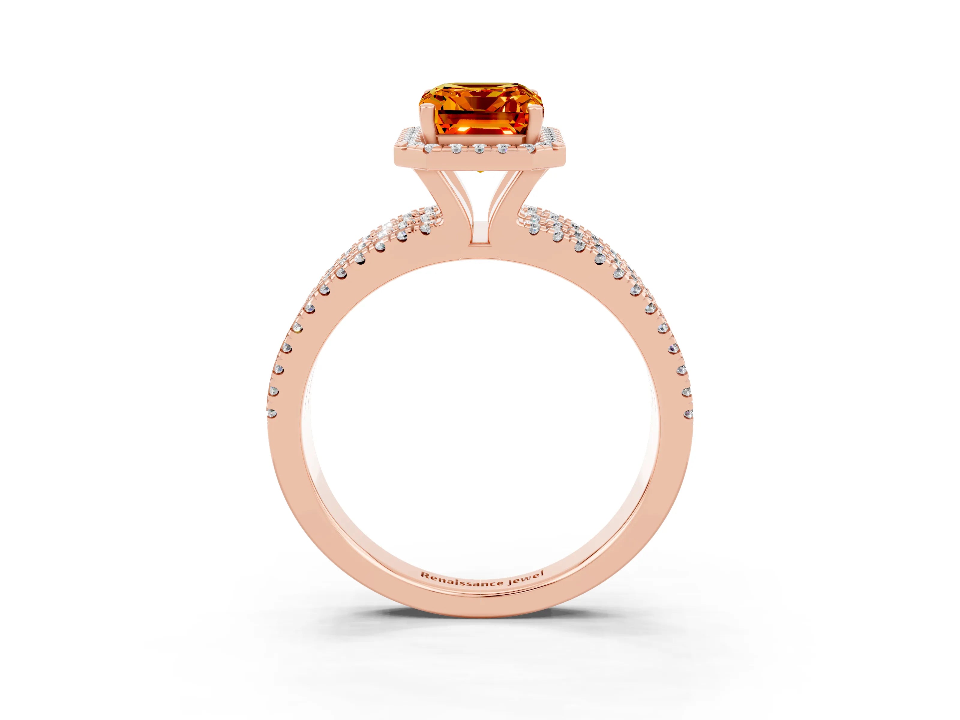 Rose gold {shape_name} Citrine Halo Engagement Ring with Split Shank and Four-Prong Setting_3