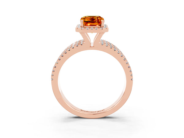 Rose gold Emerald Cut Citrine Halo Engagement Ring with Split Shank and Four-Prong Setting