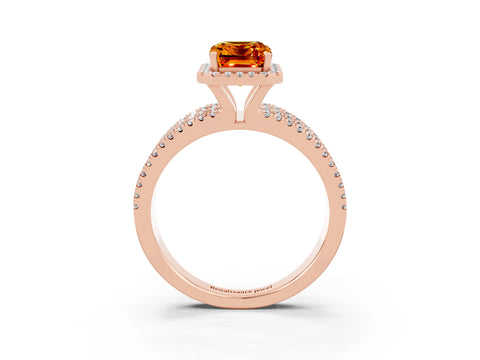 Rose gold {shape_name} Citrine Halo Engagement Ring with Split Shank and Four-Prong Setting_3