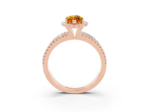 Rose gold {shape_name} Citrine Halo Engagement Ring with Split Shank and Four-Prong Setting_3