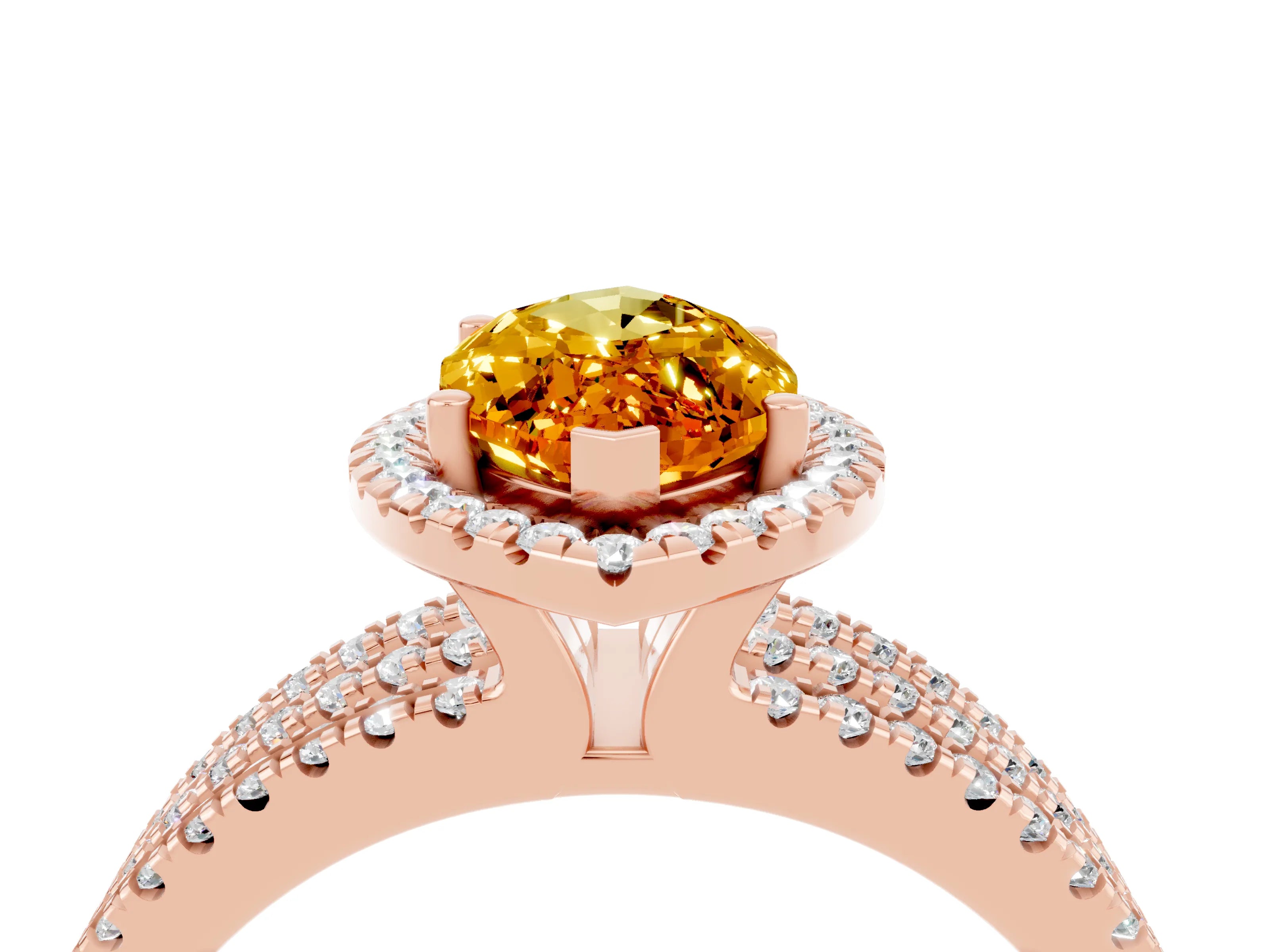 Rose gold {shape_name} Citrine Halo Engagement Ring with Split Shank and Four-Prong Setting_4