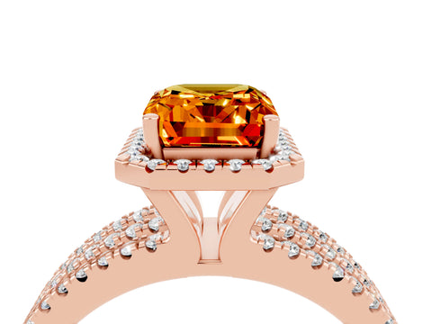 Rose gold {shape_name} Citrine Halo Engagement Ring with Split Shank and Four-Prong Setting_4