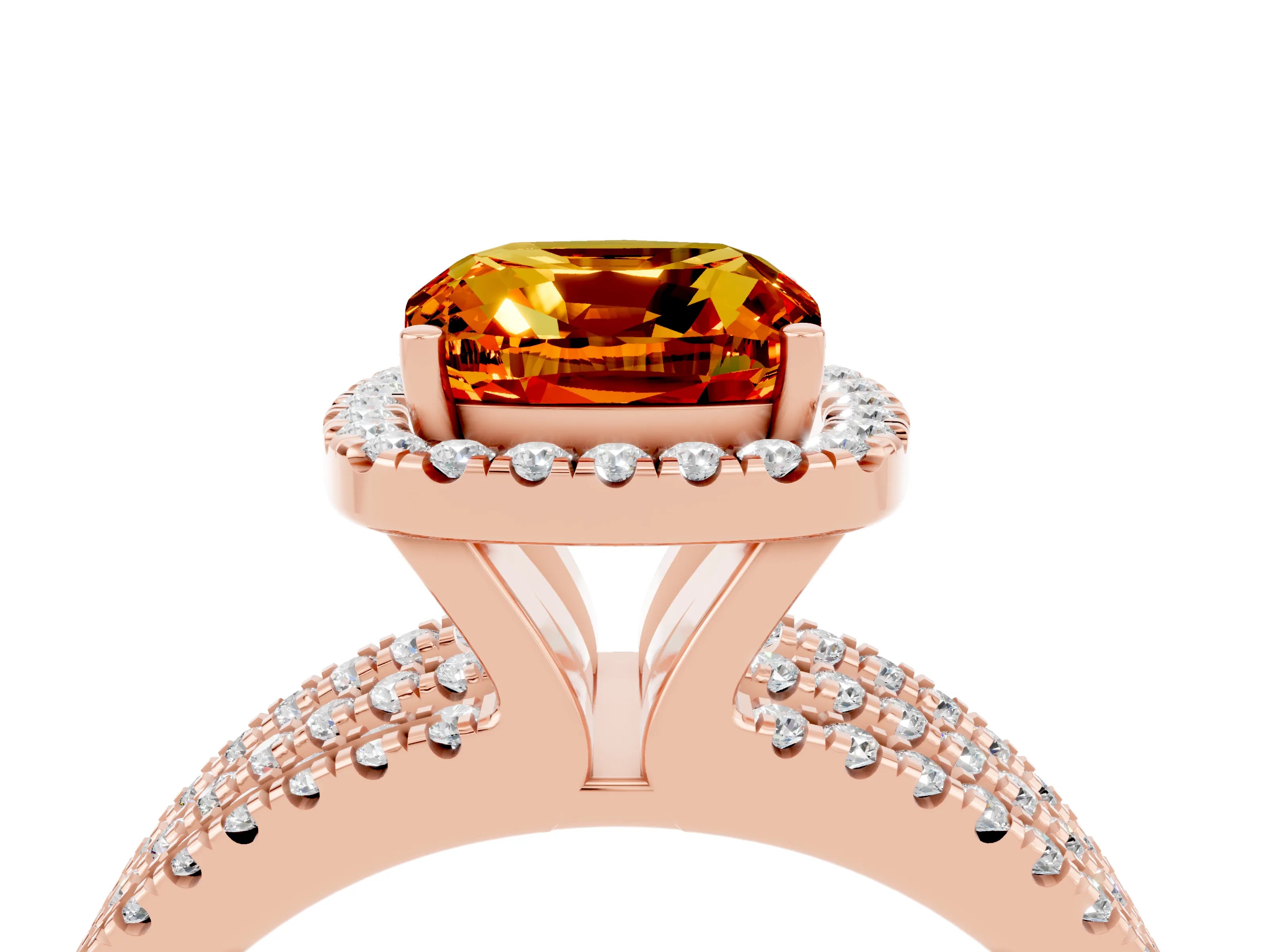 Rose gold {shape_name} Citrine Halo Engagement Ring with Split Shank and Four-Prong Setting_4