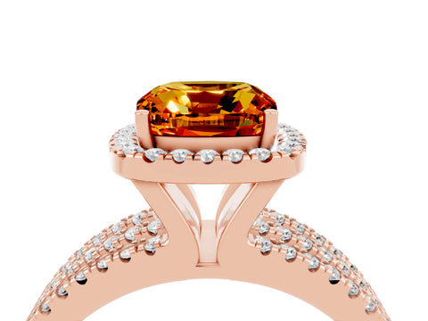 Rose gold {shape_name} Citrine Halo Engagement Ring with Split Shank and Four-Prong Setting_4