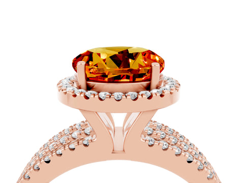 Rose gold {shape_name} Citrine Halo Engagement Ring with Split Shank and Four-Prong Setting_4