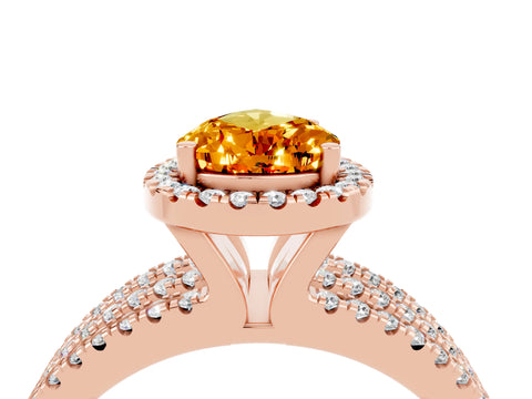 Rose gold {shape_name} Citrine Halo Engagement Ring with Split Shank and Four-Prong Setting_4