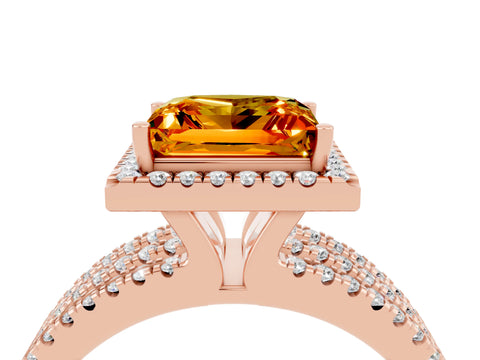 Rose gold {shape_name} Citrine Halo Engagement Ring with Split Shank and Four-Prong Setting_4
