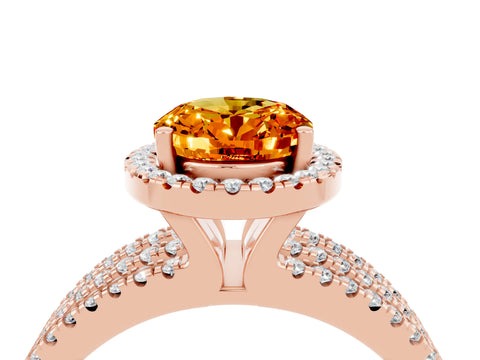 Rose gold {shape_name} Citrine Halo Engagement Ring with Split Shank and Four-Prong Setting_4