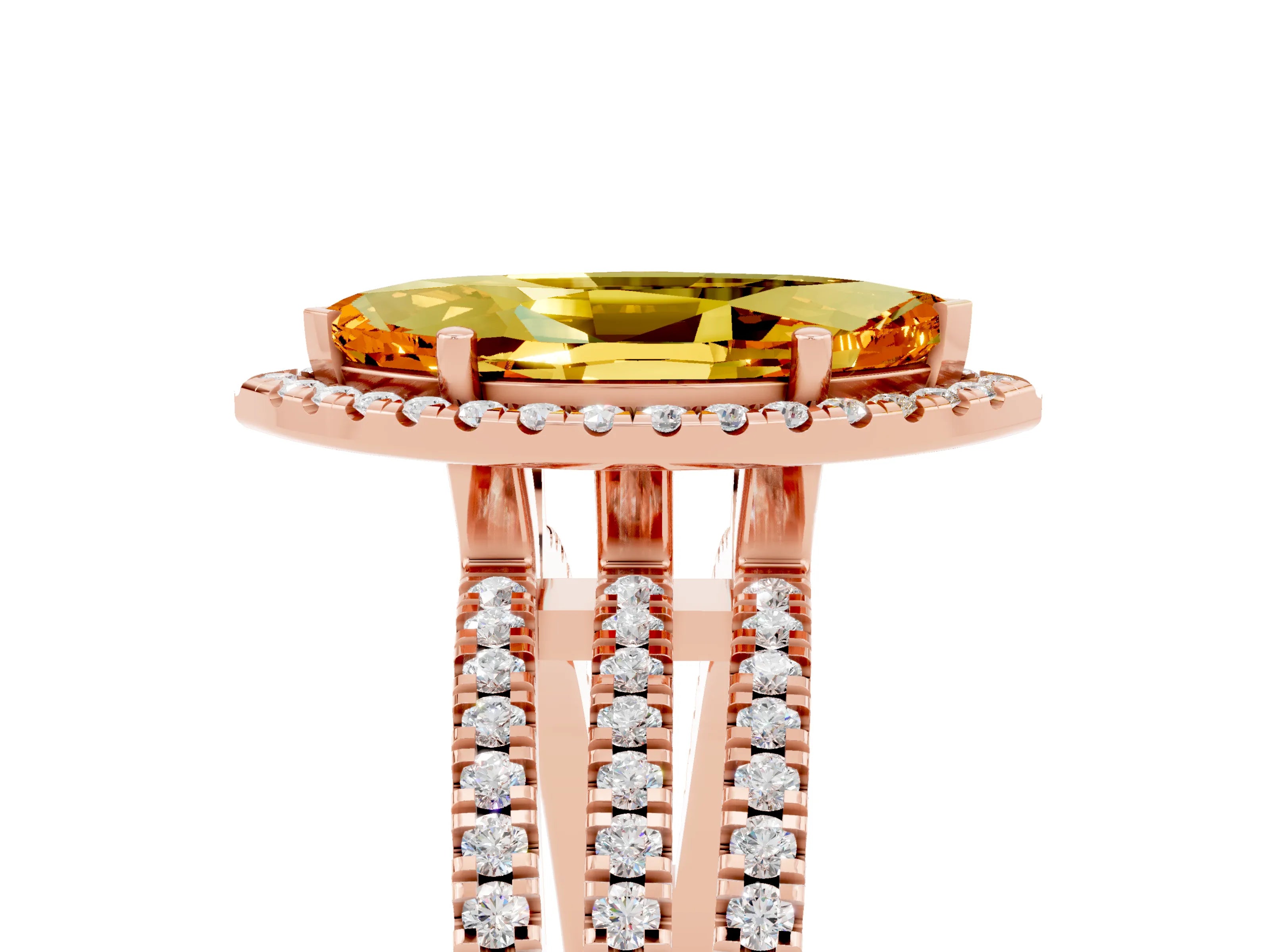 Rose gold {shape_name} Citrine Halo Engagement Ring with Split Shank and Four-Prong Setting_5