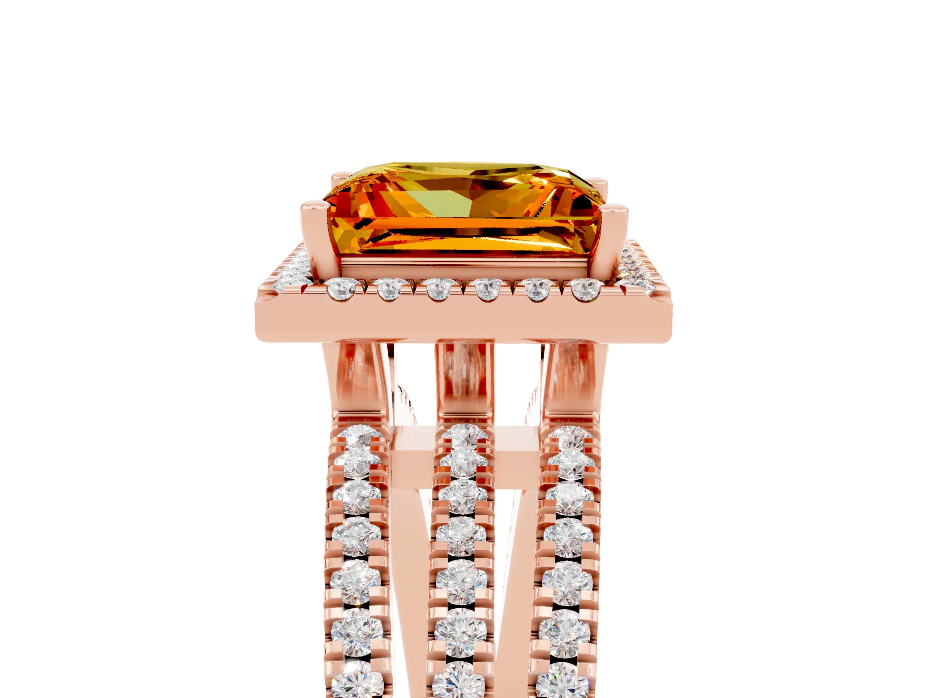 Rose gold {shape_name} Citrine Halo Engagement Ring with Split Shank and Four-Prong Setting_5