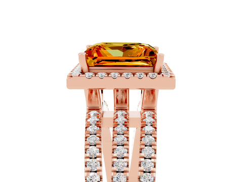 Rose gold {shape_name} Citrine Halo Engagement Ring with Split Shank and Four-Prong Setting_5