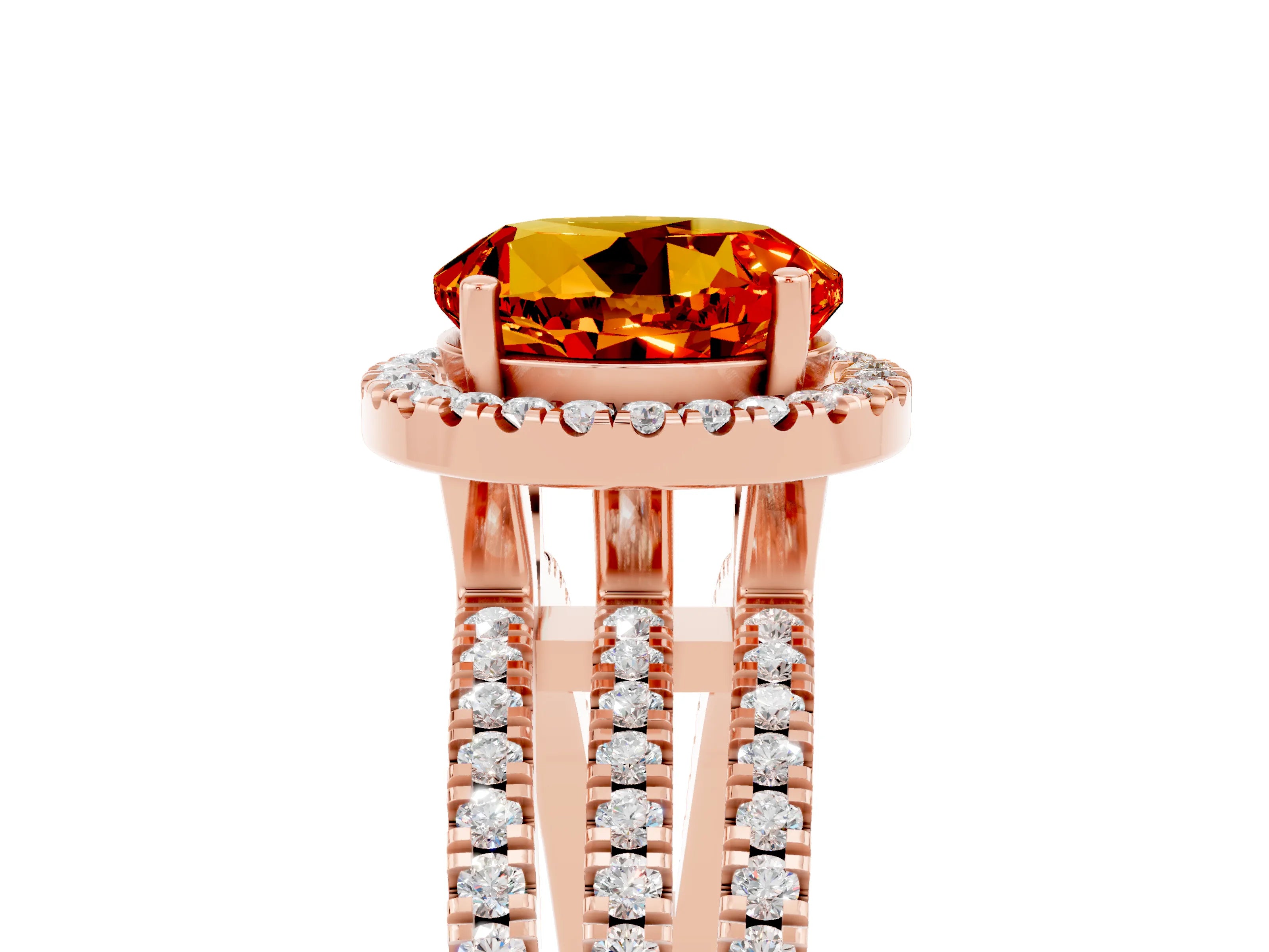 Rose gold {shape_name} Citrine Halo Engagement Ring with Split Shank and Four-Prong Setting_5