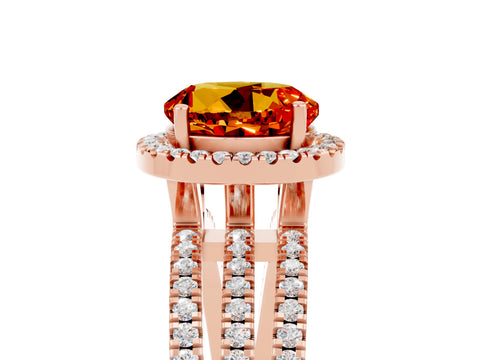 Rose gold {shape_name} Citrine Halo Engagement Ring with Split Shank and Four-Prong Setting_5