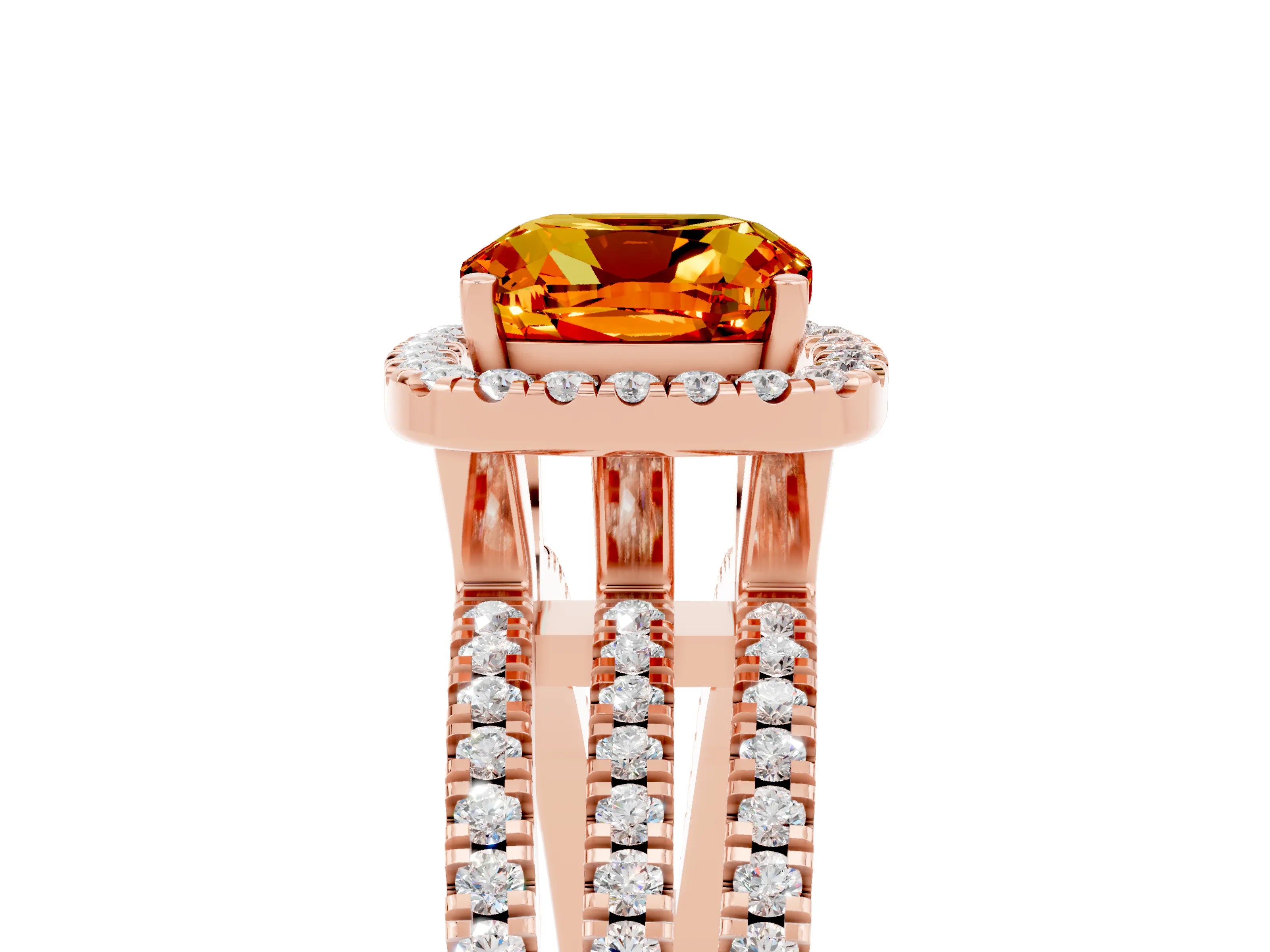 Rose gold {shape_name} Citrine Halo Engagement Ring with Split Shank and Four-Prong Setting_5