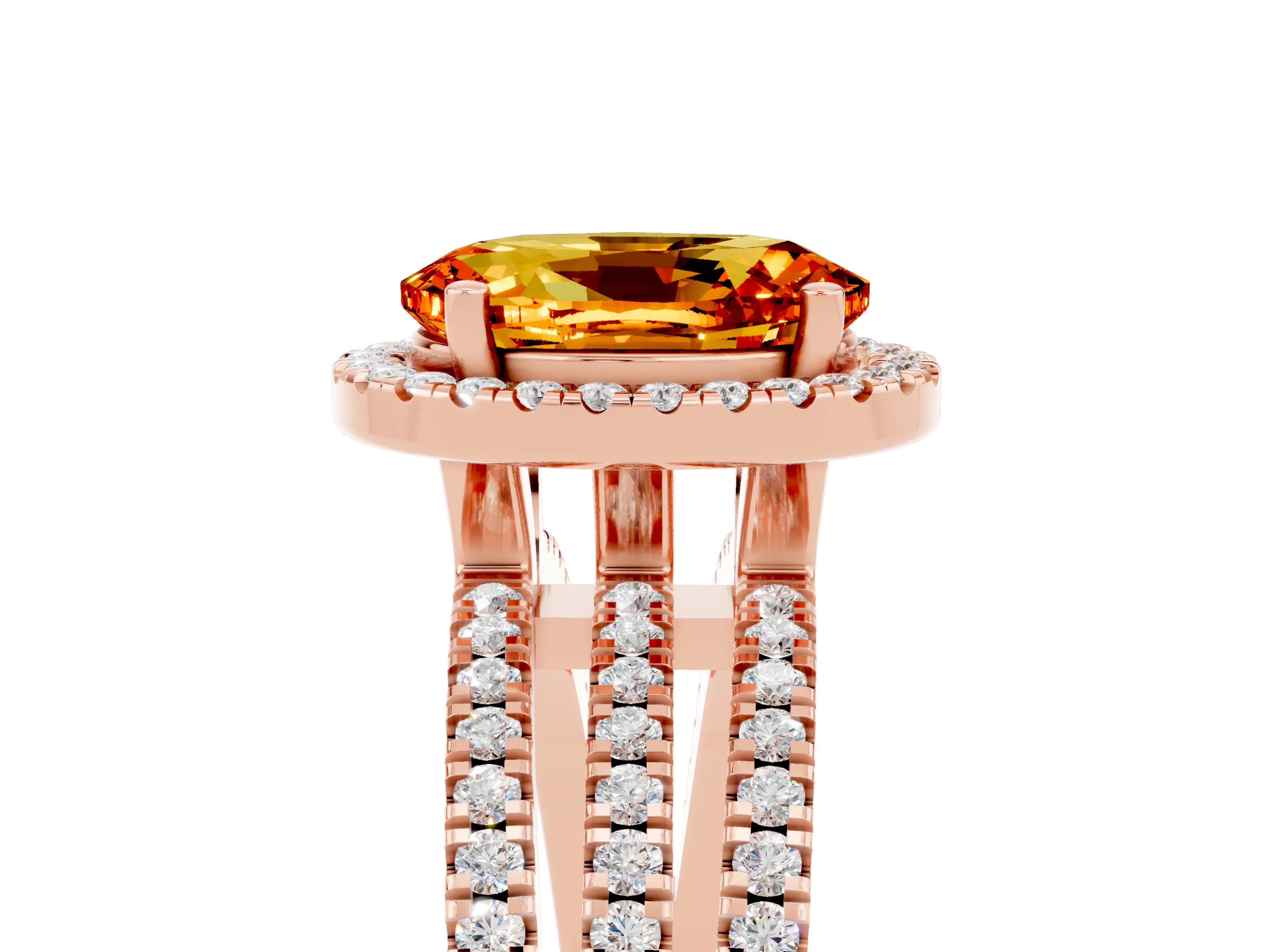 Rose gold {shape_name} Citrine Halo Engagement Ring with Split Shank and Four-Prong Setting_5