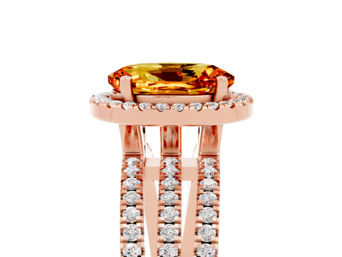 Rose gold {shape_name} Citrine Halo Engagement Ring with Split Shank and Four-Prong Setting_5