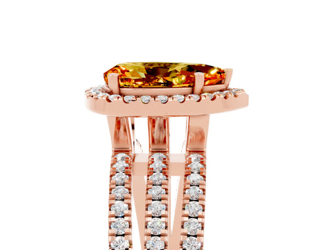 Rose gold {shape_name} Citrine Halo Engagement Ring with Split Shank and Four-Prong Setting_5