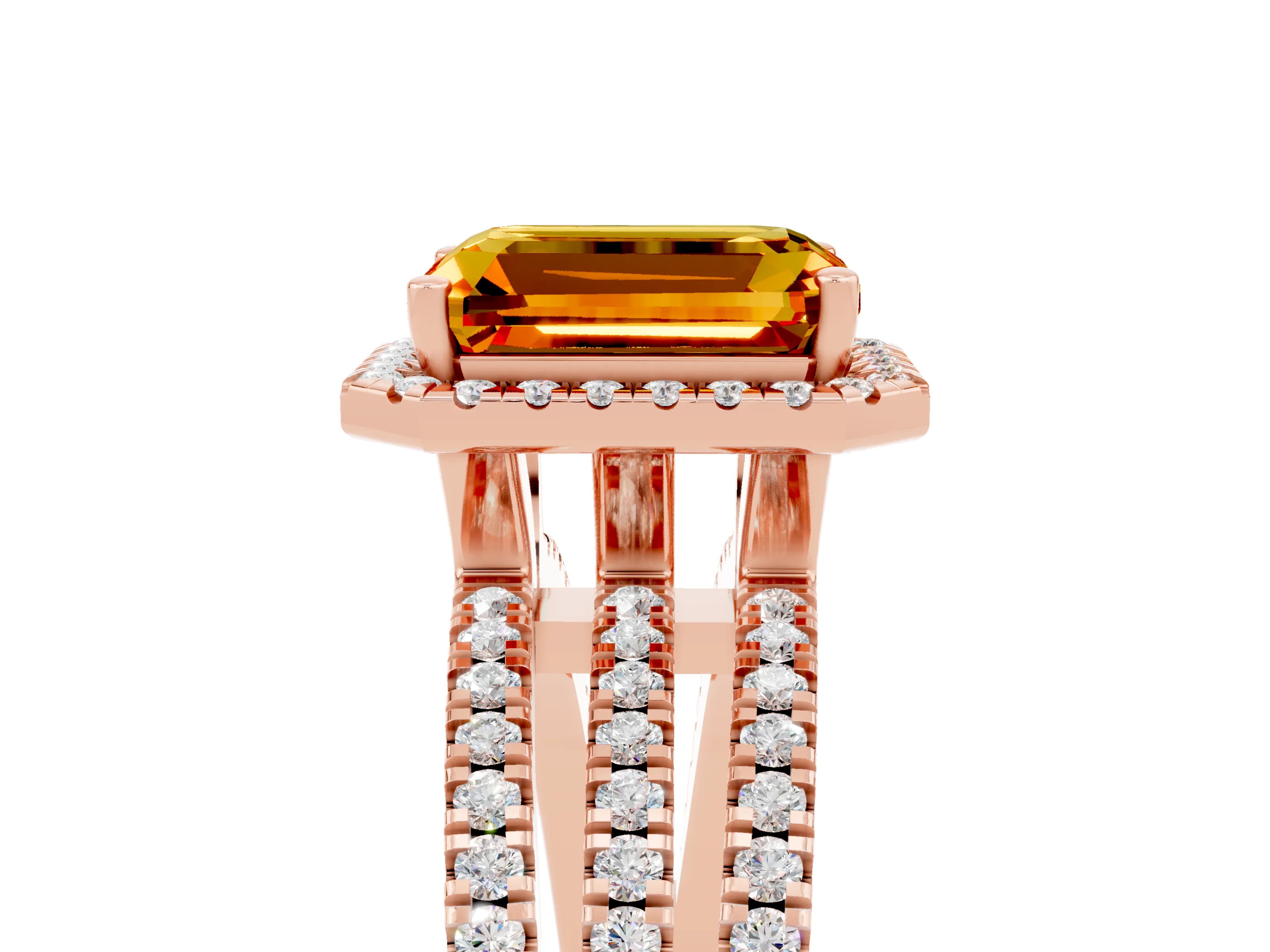 Rose gold {shape_name} Citrine Halo Engagement Ring with Split Shank and Four-Prong Setting_5