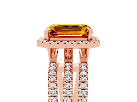 Rose gold {shape_name} Citrine Halo Engagement Ring with Split Shank and Four-Prong Setting_5