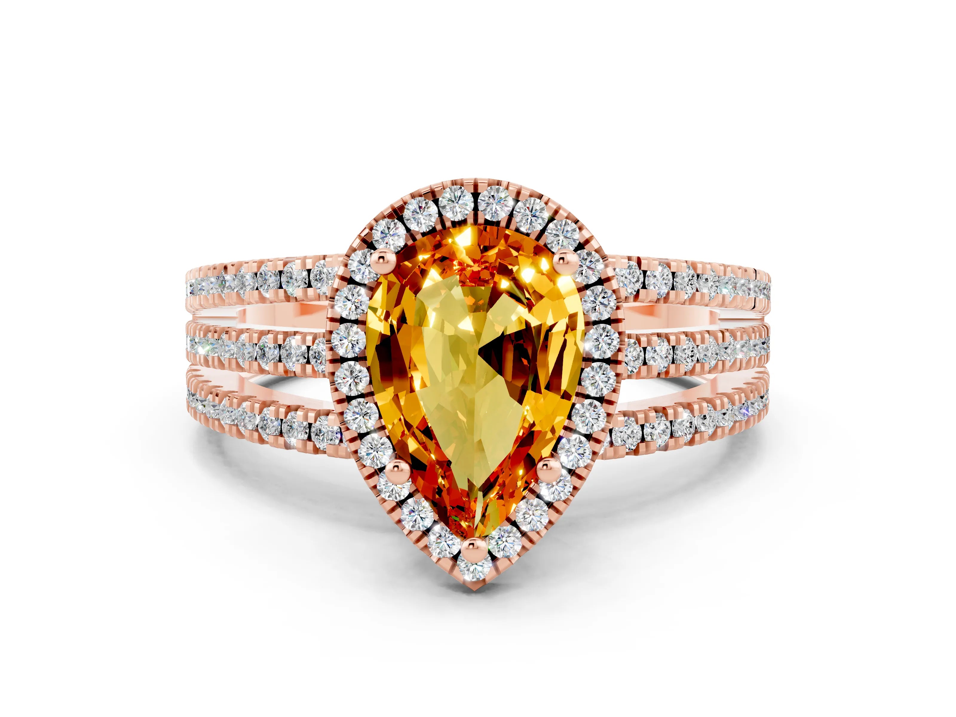 Rose gold {shape_name} Citrine Halo Engagement Ring with Split Shank and Four-Prong Setting