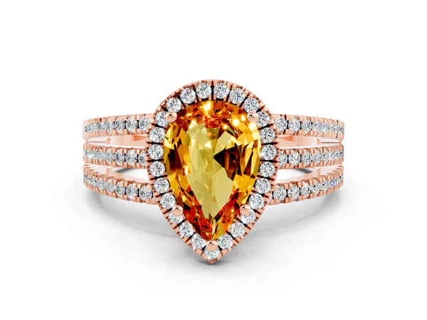 Rose gold Pear Cut Citrine Halo Engagement Ring with Split Shank and Four-Prong Setting