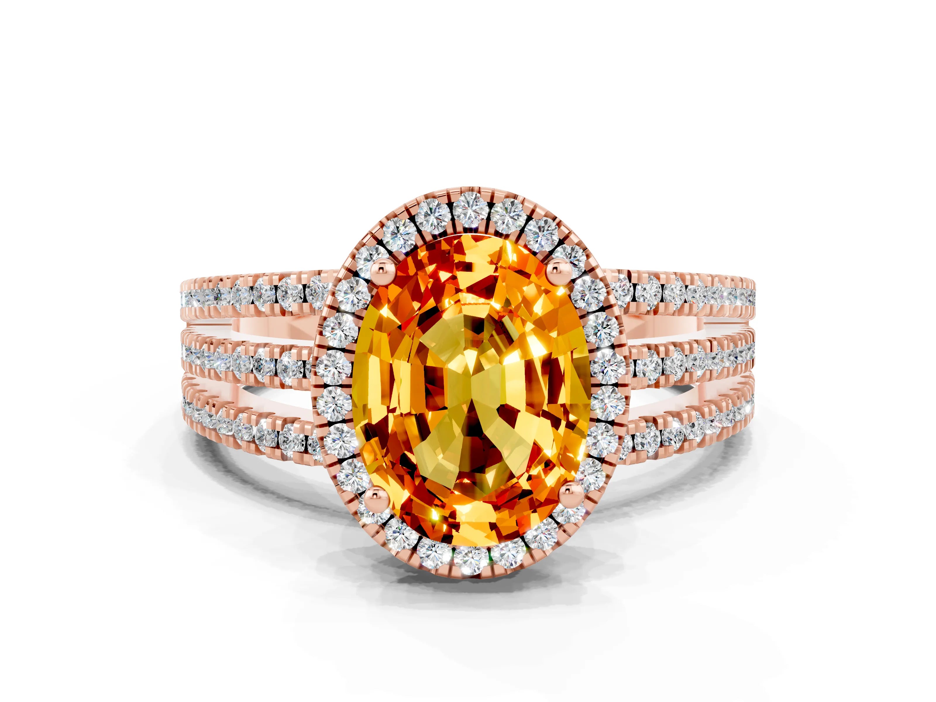 Rose gold {shape_name} Citrine Halo Engagement Ring with Split Shank and Four-Prong Setting