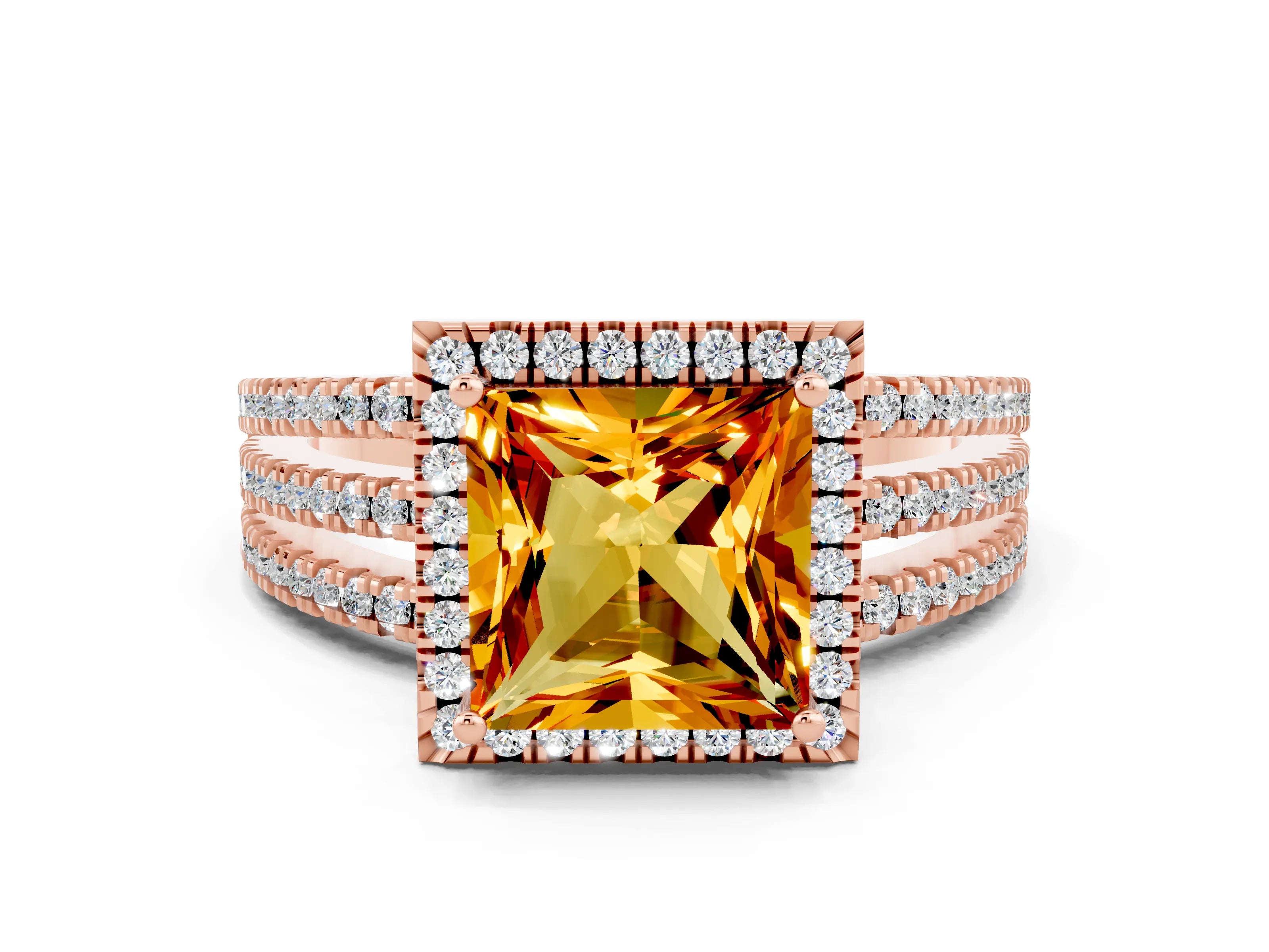 Rose gold {shape_name} Citrine Halo Engagement Ring with Split Shank and Four-Prong Setting
