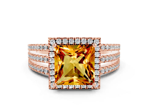 Rose gold {shape_name} Citrine Halo Engagement Ring with Split Shank and Four-Prong Setting