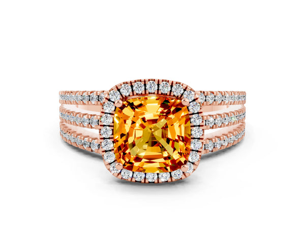 Rose gold Cushion Cut Citrine Halo Engagement Ring with Split Shank and Four-Prong Setting