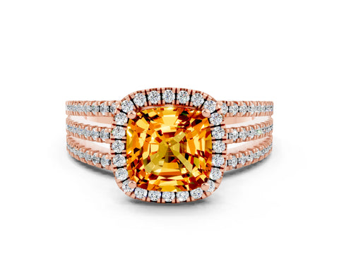 Rose gold {shape_name} Citrine Halo Engagement Ring with Split Shank and Four-Prong Setting